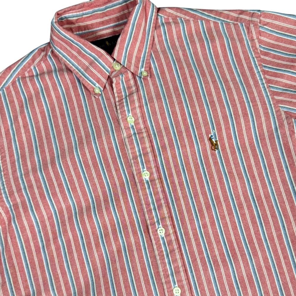 Ralph Lauren Custom Fit Oxford Button Down Shirt Mens M Red Striped Flesh Pony